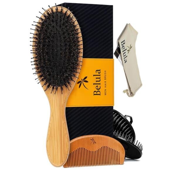 Men's Hair Grooming Set: Boar Bristle Brush, Nylon Pin Brush, Wooden Comb